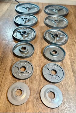 7 ft Standard Steel VINTAGE Bar With  Cast Iron Weight Plates:25s, 10s, 7.5s, 5s & 2.5 lbs (Total: 125 lbs)