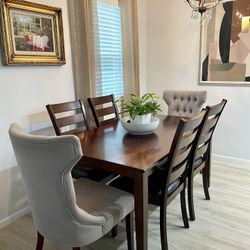 Espresso Wood Dining Room Table & 6 Cushioned Chairs