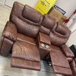 Summer clearance sale. Santiago Brown, leather reclining sofa and loveseat set only $1099. Easy finance option. Same day delivery.