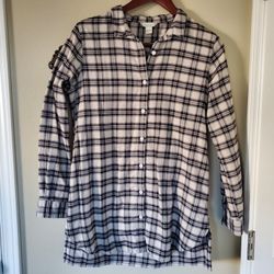 Garnet Hill Black & White Plaid Flannel Relaxed Fit Cotton Button Shirt Tunic, S