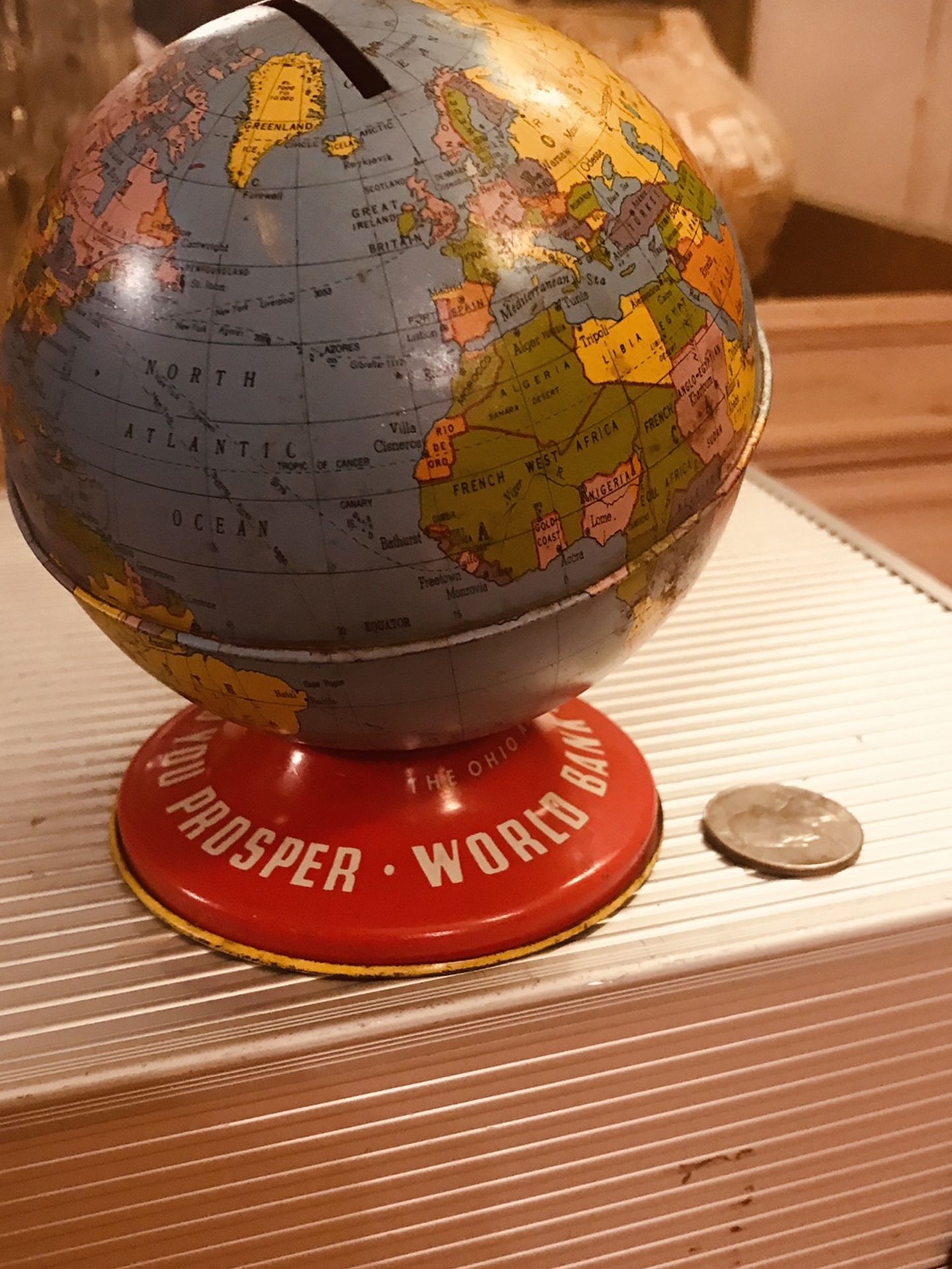 Vintage Tin World Bank Ohio Art Co. Small Dent Shown In Pics