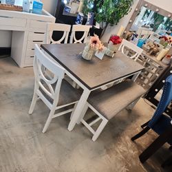 White And Gray Dining Table 4 Chairs And Bench 