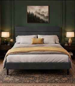 Brand New Queen Upholstered Platform Bed Frame – No Box Spring Needed – Gray