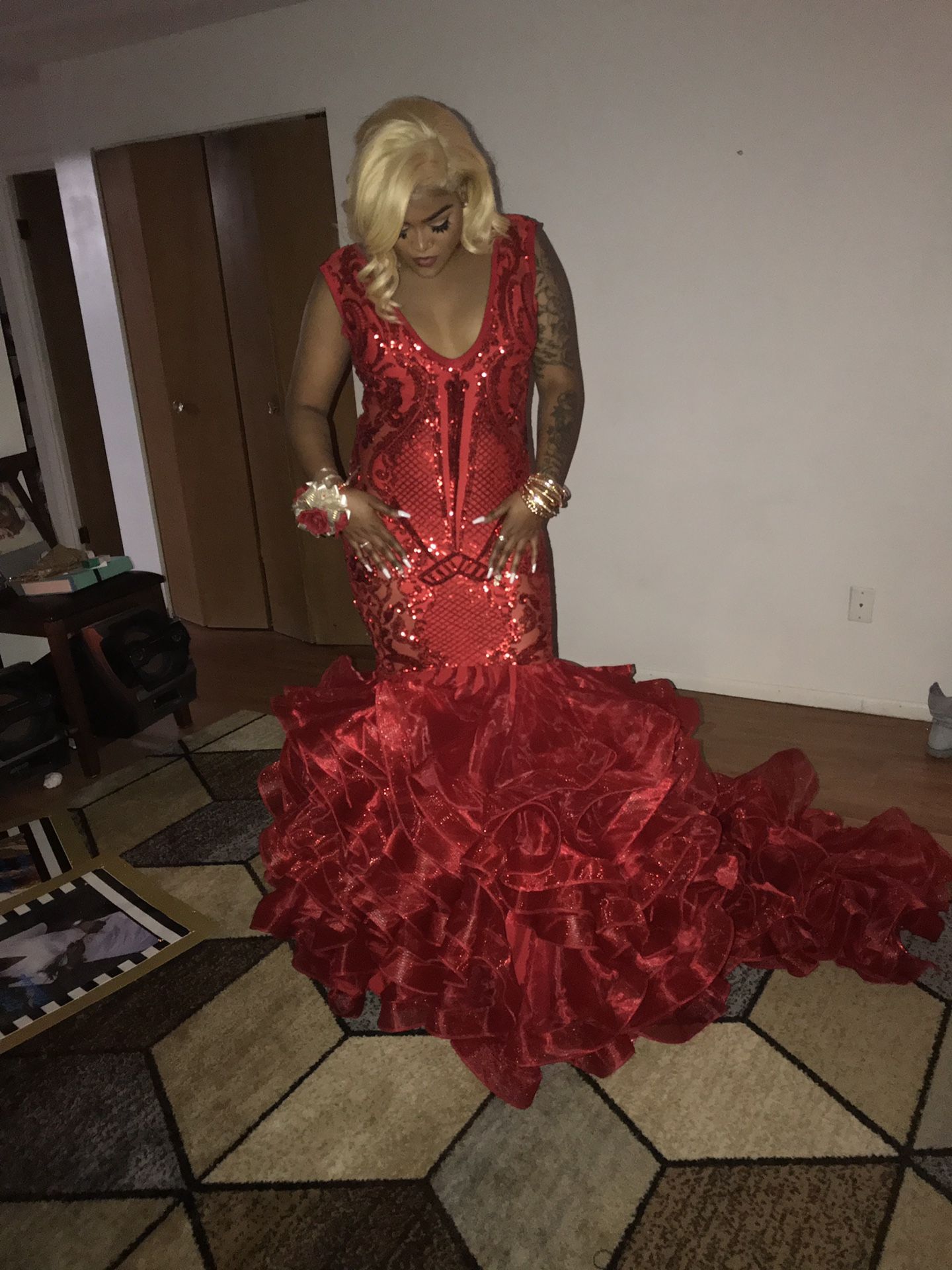 Red prom dress plus prom accessories