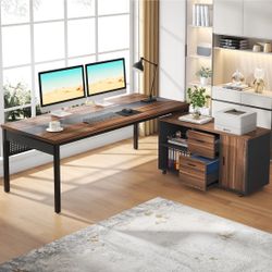 LITTLE TREE 70.8" Executive Desk with Lateral File Cabinet, Modern Thickened Wooden Workstation L-Shaped Computer Desk Large Home Office Writing Desk 