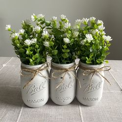 Chalk Painted & Distressed Mason Jar Vases 3 For $18