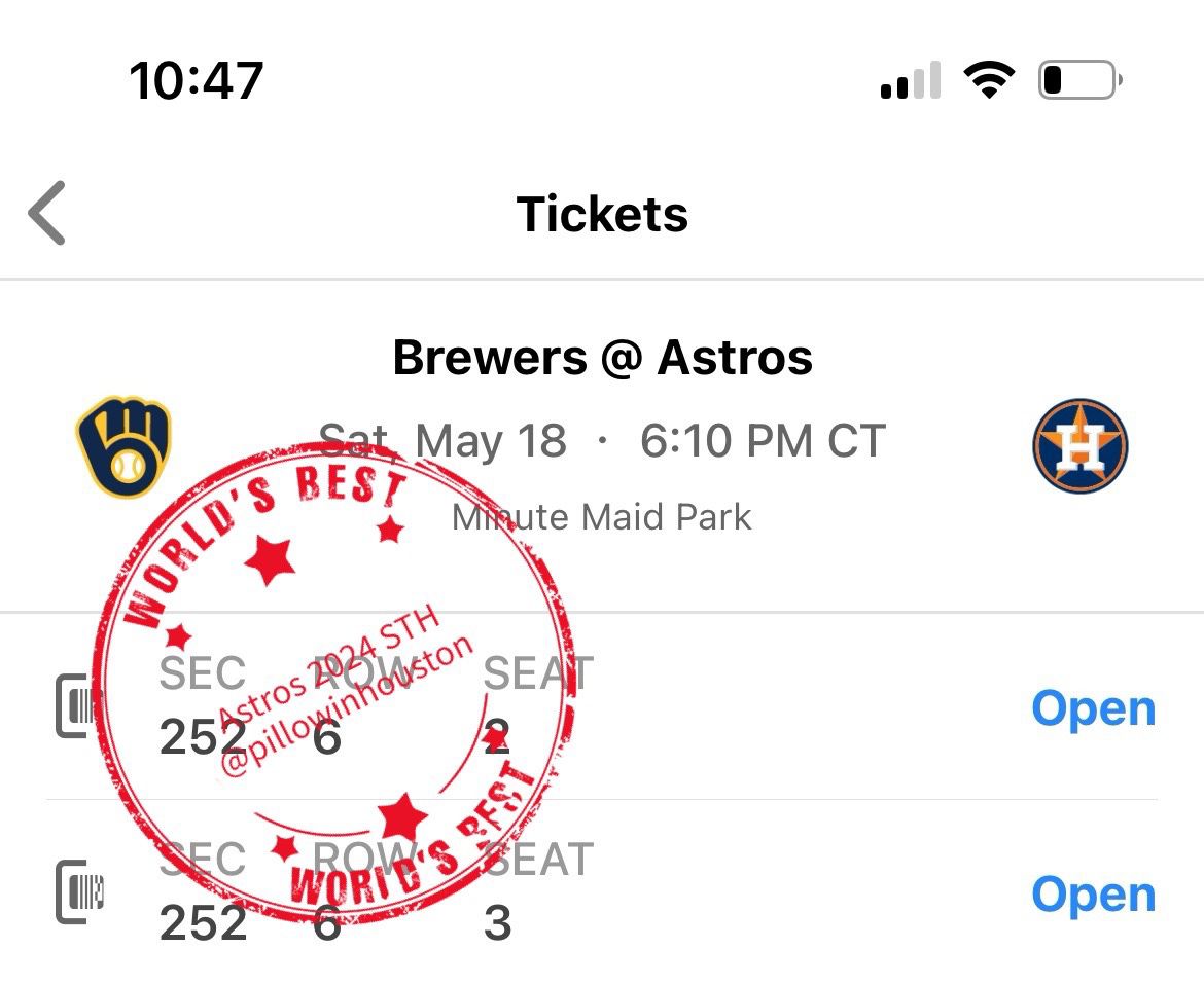 Astros vs Brewers 2nd Game Saturday 5/18 6:10pm Section 252 Row 6 Seat 2-3 Price Per Ticket