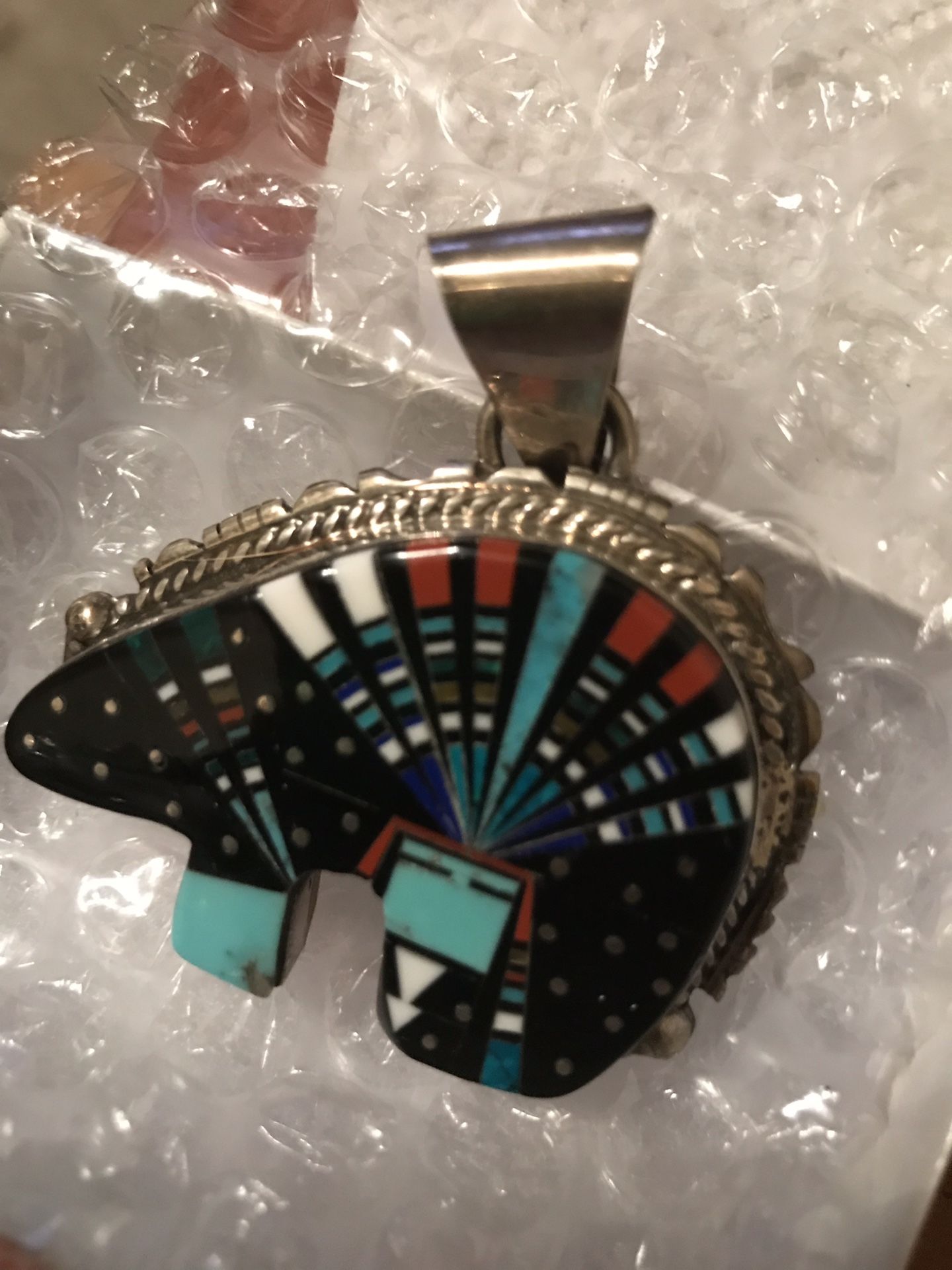 DROPPING THE $ PRICE $ Turquoise and Multi Stone Micro Inlay Night Sky Bear Fetish Pendant by Navajo artist Ray Jack