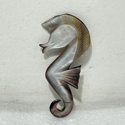 Vintage Hand Carved Abalone Seashell Seahorse Pin Brooch ~ 80mm x 38mm
