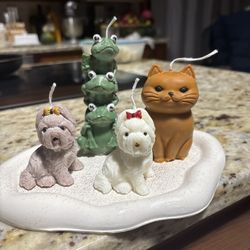 Handcrafted Animal Figurine Candles – Dogs, Cat & Frog Stack Set