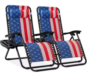 American Flag Metal Zero Gravity Reclining Lawn Chair with Cup Holders (2-Pack)