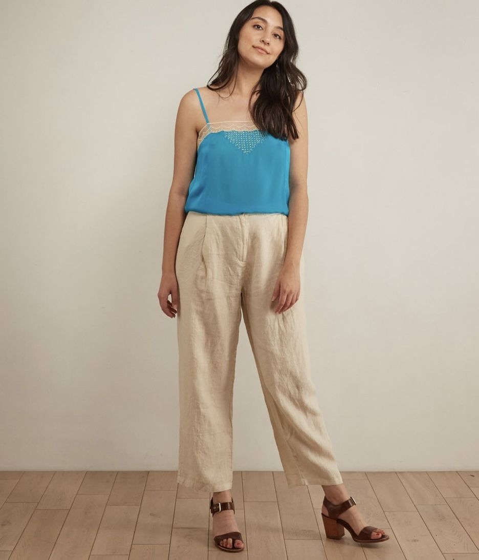 Filosofia Ella Women’s 100% Linen Beige Cropped High Rise Pants, size XS
