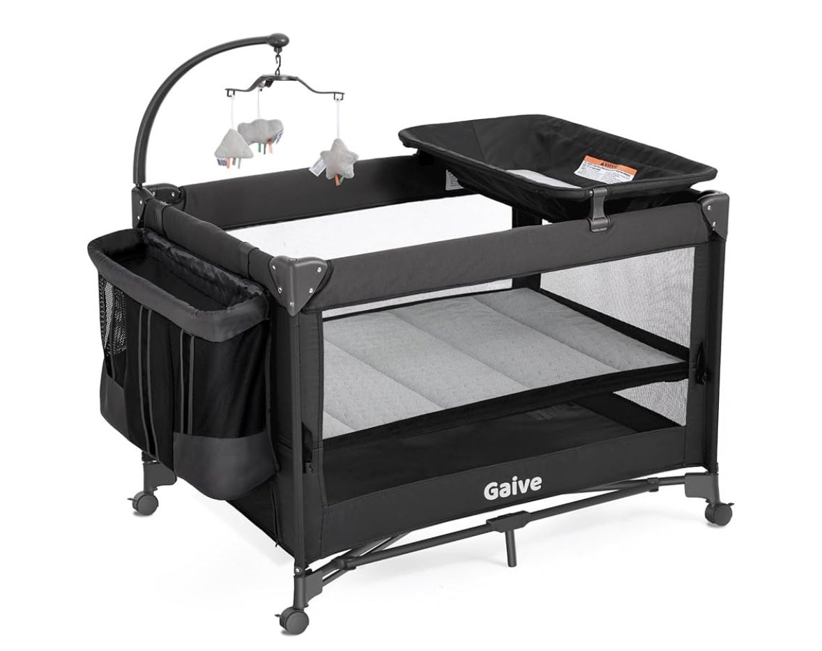 4 in 1 Baby Bassinet, Pack and Play, Bedside Crib Sleeper, Diaper Changer – Includes Comfy Mattress, Rocking Toy for Newborns to Toddlers (Black)