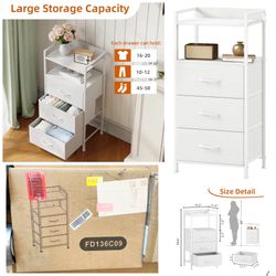 Nightstand with 3 Drawers, Dresser with Fabric Bins