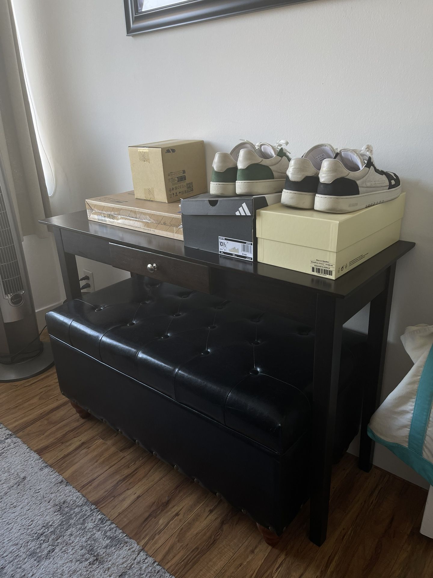 Wooden Desk + Black chaise For Storage