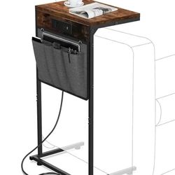 Rustic Brown C Shaped End Table with Outlet