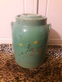 TEAL GREEN FARMHOUSE POTTERY JAR W/LID