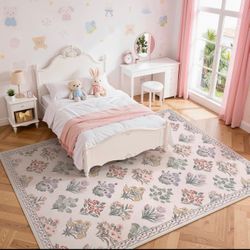 8x10 Washable Boho Floral Area Rug – Soft Non-Slip Pink Rug for Bedroom, Nursery & Living Room
