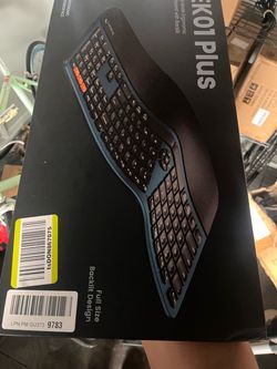 ProtoArc EK01 Plus Backlit Bluetooth Ergonomic Keyboard, Full Size, Blue Adjustable brightness, split design, cushioned wrist rest, connect 3 devices 