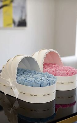 Gender Reveal Bassinet with Ribbon Flowers