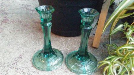 Vintage Emerald Teal Green Glass Taper Candle Holder Set of 2