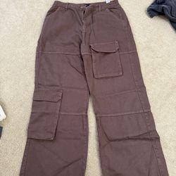 PrettyLittleThing Brown Cargo Pocket Wide Leg Jeans – Size 10