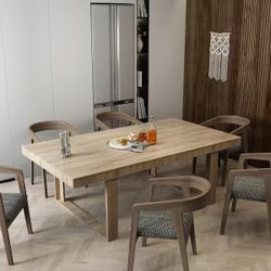 Wooden Grain Color Wood 86.6 in. Width Rectangle Double-based Dining Table, Meeting Table for 6-10