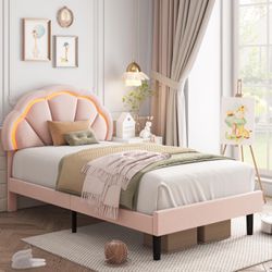Twin Upholstered Smart LED Bed Frame with Adjustable Elegant Flowers Headboard, Platform Bed Frame Twin Size with Wooden Slats Support, No Box Spring 