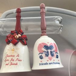 2 Vintage Bells Porcelain, CHRISTMAS IS LOVE, JOY, PEACE AND FRIENDS, And  FRIENDS ARE FOREVER