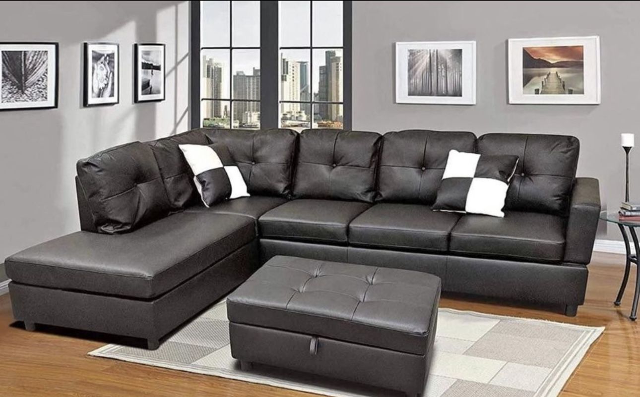 Black Leather Sectional Couch and Ottoman