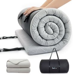 Jamdok Cooling Foam Camping Mattress and Summer Comforter Set for Hot Sleeper,Roll Up Cot Mattress Topper,Waterproof Sleeping Pad with Carry Bag,Campi