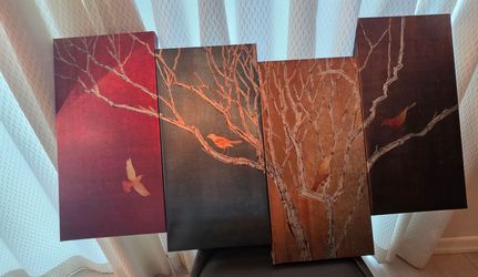 4-Panel Canvas Wall Art Birds and Trees