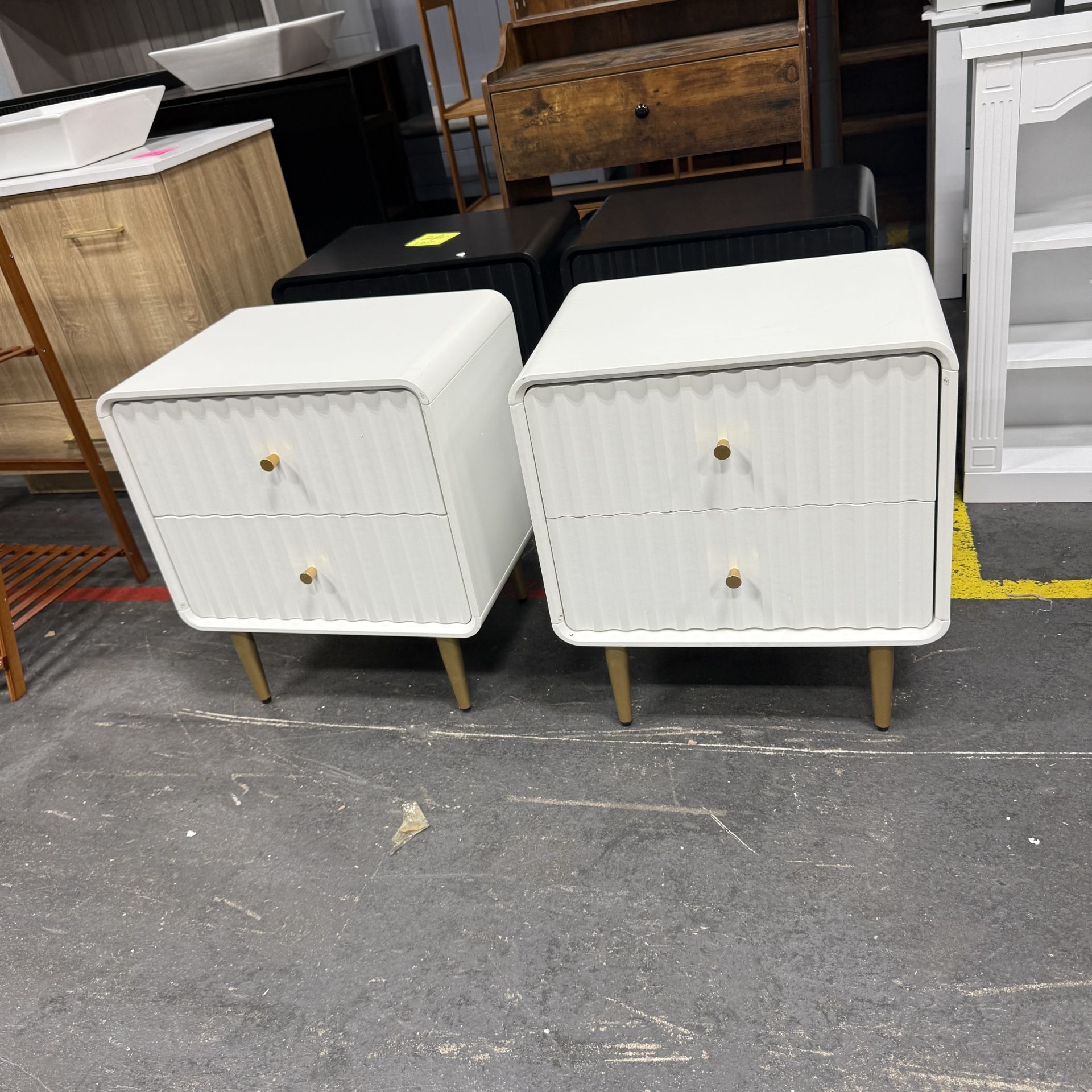 HLR Modern Nightstand Set of 2, Fluted Bed Side Table with 2 Drawers Storage, Wood End Table with Gold Metal Handle, White Night Stands for Bedroom