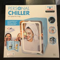 Personal Chiller Vanity Mini Fridge, 4L Blue Makeup Fridge with LED mirror