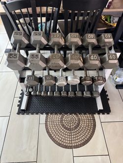 Dumbbells weights 3-55lbs plus rack 546lbs total