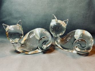 Pair Licio Zanetti Murano Glass Cats Signed Zanetti L Clear Mid-Century