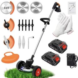 21V Electric Weed Wacker, Cordless Grass Trimmer with 2 Batteries & Charger, 3 in 1 Stringless Brush Cutter/Weed Eater/Edger/Lawn Mower with 3 Types B