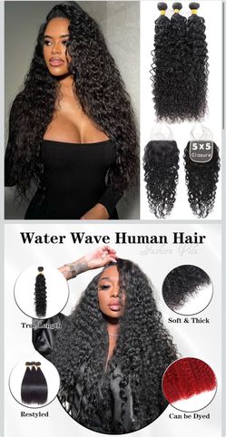 🔥Brand new🔥 Water Wave 3 Bundles with 5x5 Lace Closure(22 24 26+18) 12A 100% Unprocessed Brazilian Virgin Remy Hair Water Wave Human Hair Bundles wi