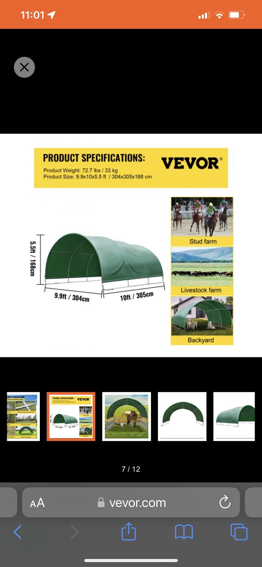 VEVOR Livestock Shelter, 9.9'x 10'x 5.5' Corral Shelter, Steel Metal