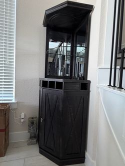 Dark Wood Bar Cabinet with Mirror and Glass Shelves
