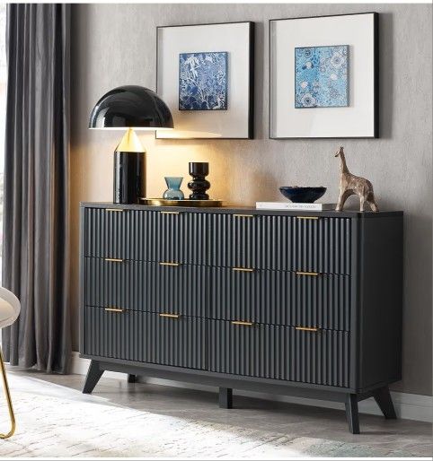 6 Drawers Dresser, 54" Wide Modern Chest of Drawers with Faux Marble Top, Curved Profile Design, Dresser TV Stand, Wood Drawer Organizer for Bedroom,
