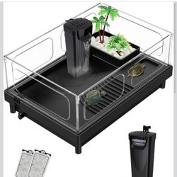 Small Turtle Tank Kit(Tank+Light+Filter), Acrylic Turtle Tank Starter Kit with Bask Platform,