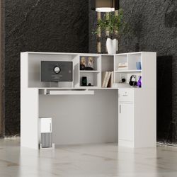 55.9 inches Modern Minimalist White/Black L-Shaped Reception Desk with Large Storage Filing Cabinets