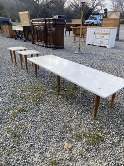 Mid Century Marble Coffee Table And Two Side End Tables Vintage 