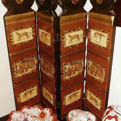VINTAGE SAFARI WOODEN TIGER LION MINI ORIENTAL 4 PANEL FOLDING DIVIDER ACCENT TABLE DECOR COLLECTABLE