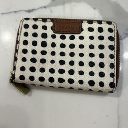 Fossil Zip Women Zip Around Wallet Brown Leather Vintage Y2K Retro Dots