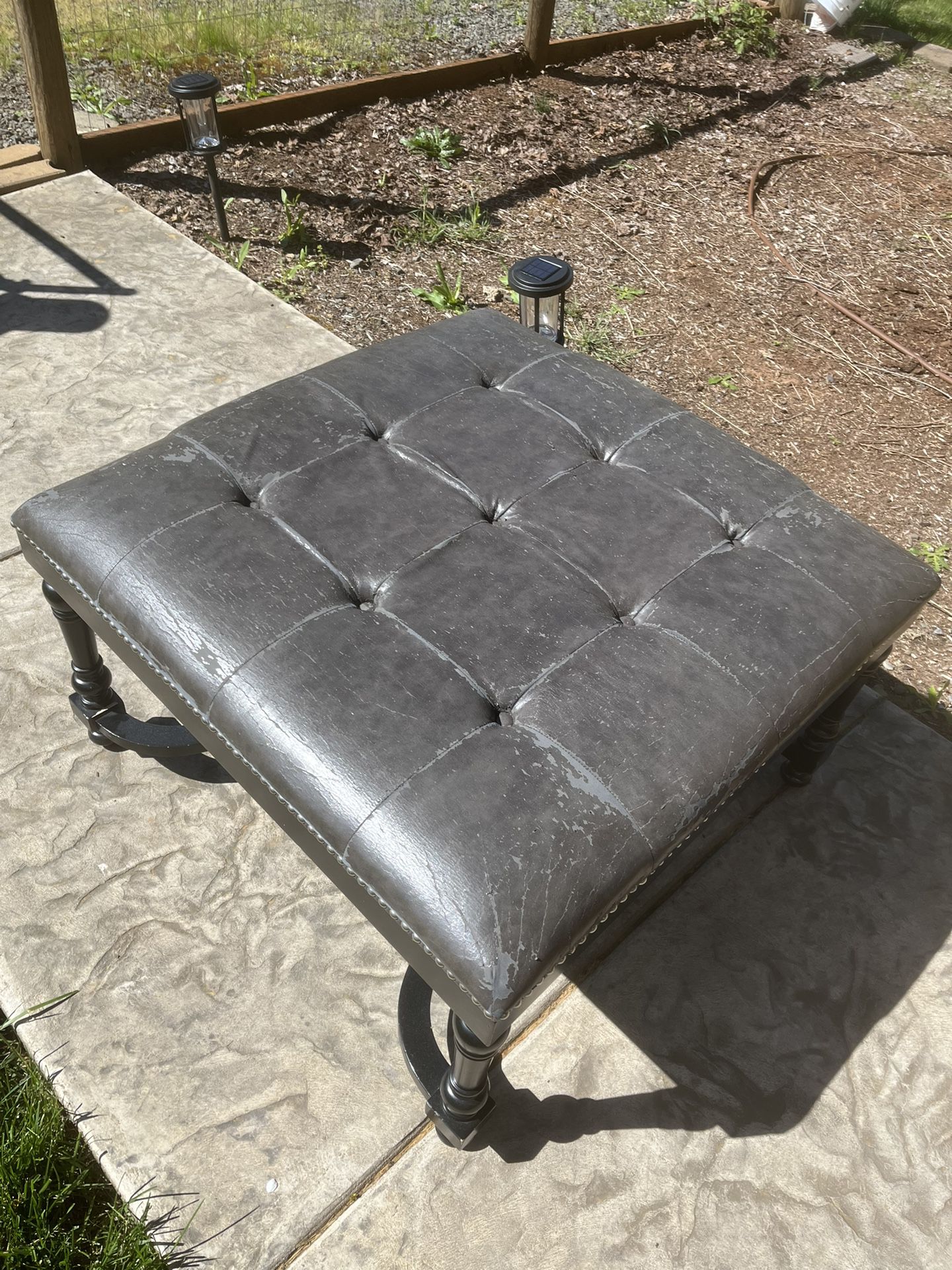 Leather Studded and wood Ottoman 