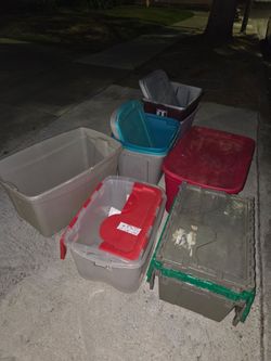 Free storage totes bins. Most have lids