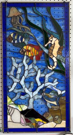 Vintage Tropical Fish under the Sea Stained glass Panel 16.5” x 31.5”
