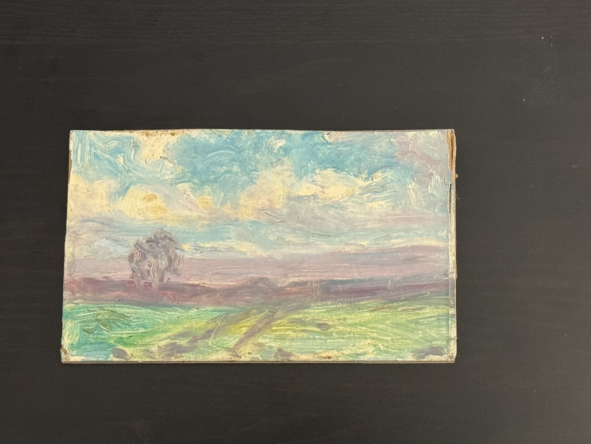 Listed LOUISE KAMP (1(contact info removed)) Small c1940s Hazy Landscape Oil Painting